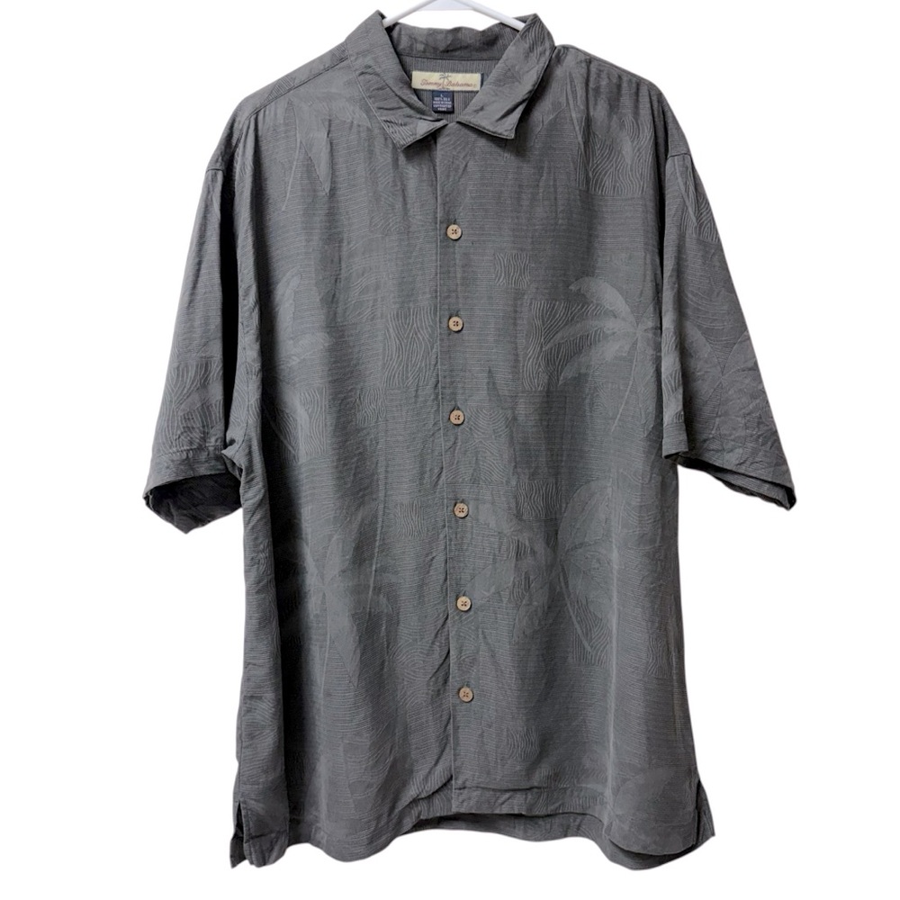 Tommy Bahama Men’s 100% Silk Charcoal Gray Short Sleeve Tropic Hawaiian Shirt L